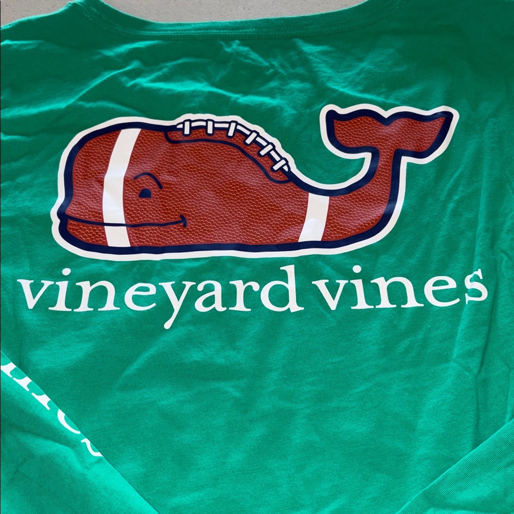 Vineyard Vines Green Long Sleeve Tee with Brown Football Whale Graphic